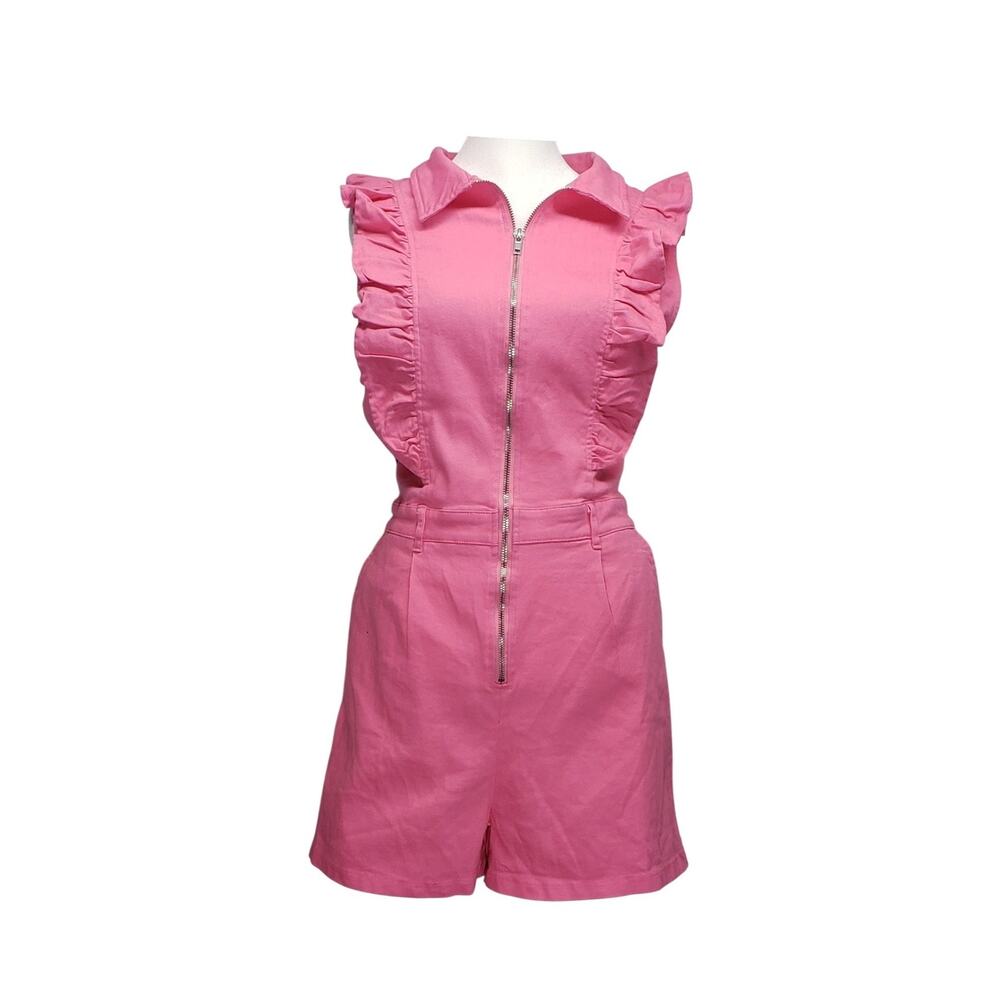 Blue Buttercup Hot Pink Stretch Denim Romper L Zip Front Ruffled Utility Chic